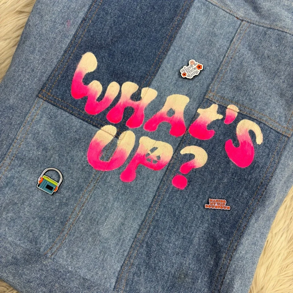 Canary Upcycle Denim Patch Work Denim Tote Recycled Material Pins Retro
